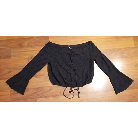 Free People Black Crochet Trim Boho 100% Cotton Peasant Crop Blouse Size XS  T11 - Picture 1 of 9